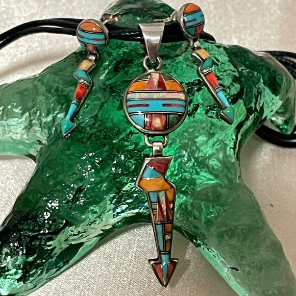 Southwestern Turquoise Opal Spiny Oyster Necklace Pierced Earrings Sterl… - Picture 1 of 7